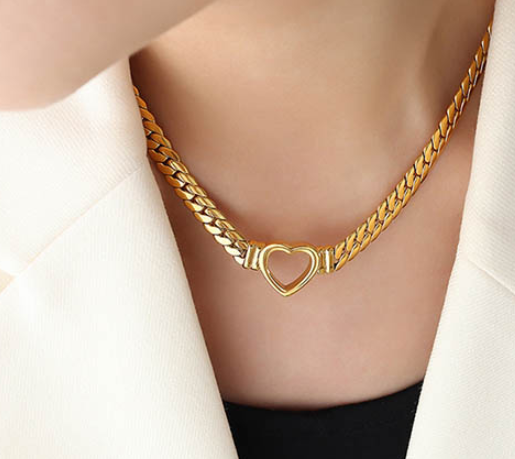 Collar de acero inoxidable con forma de corazón para mujer, cadena  geométrica con textura de Metal, color dorado
