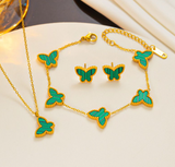 Set Collar Pulsera Aretes Mariposa Verde Acero Inox  1H8