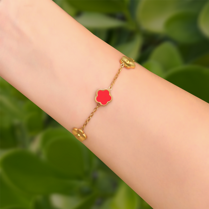 Pulsera Dorada Trebol Rojo Acero Inoxidable