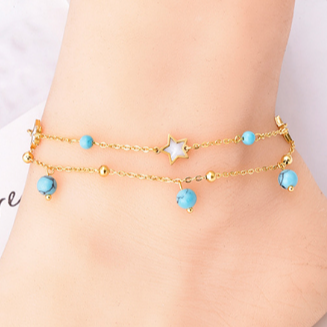Tobillera Doble Estrellas Blue Acero Inoxidable 3E8