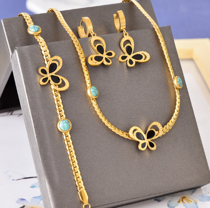 Set Collar Pulsera Aretes Mariposa Acero Inoxidable  1P8