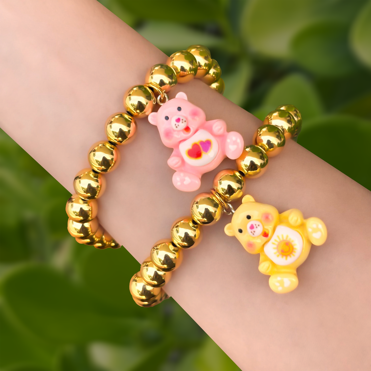 Pulsera Dorada Bolas y Oso Rosa  2Y5