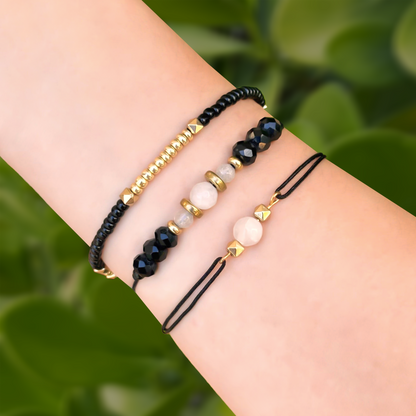 Set de Pulseras Bolitas Negro y Dorado 1E7