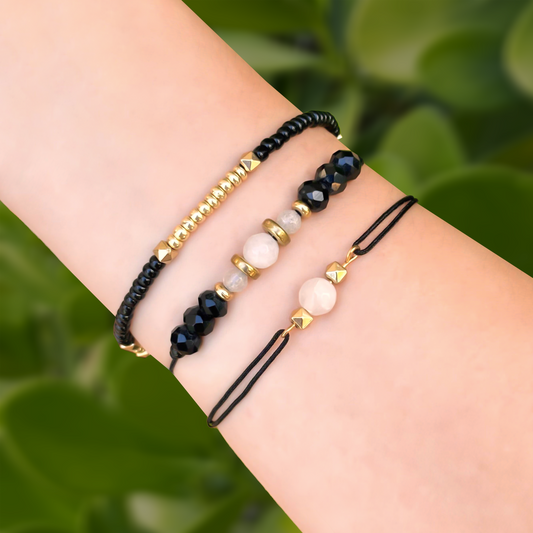 Set de Pulseras Bolitas Negro y Dorado 1E7