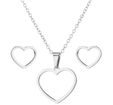 Collar y Aretes Corazon Plateado  Acero Inox 1B3