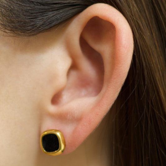 Aretes Cuadro Dorado Negro Acero Inoxidable 1S4