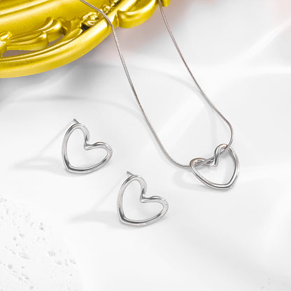 Collar y Aretes Plateado Corazón Enlazado Acero Inoxidable  2T3