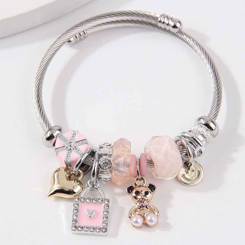 Pulsera Charms Oso en Rosa Acero Inoxidable