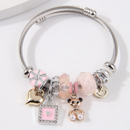 Pulsera Charms Oso en Rosa Acero Inoxidable