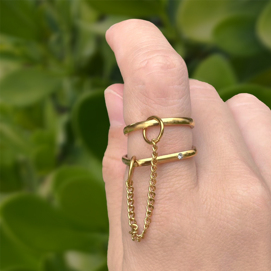 Anillo Dorado Doble con Cadena (7) Acero Inoxidable 2A6