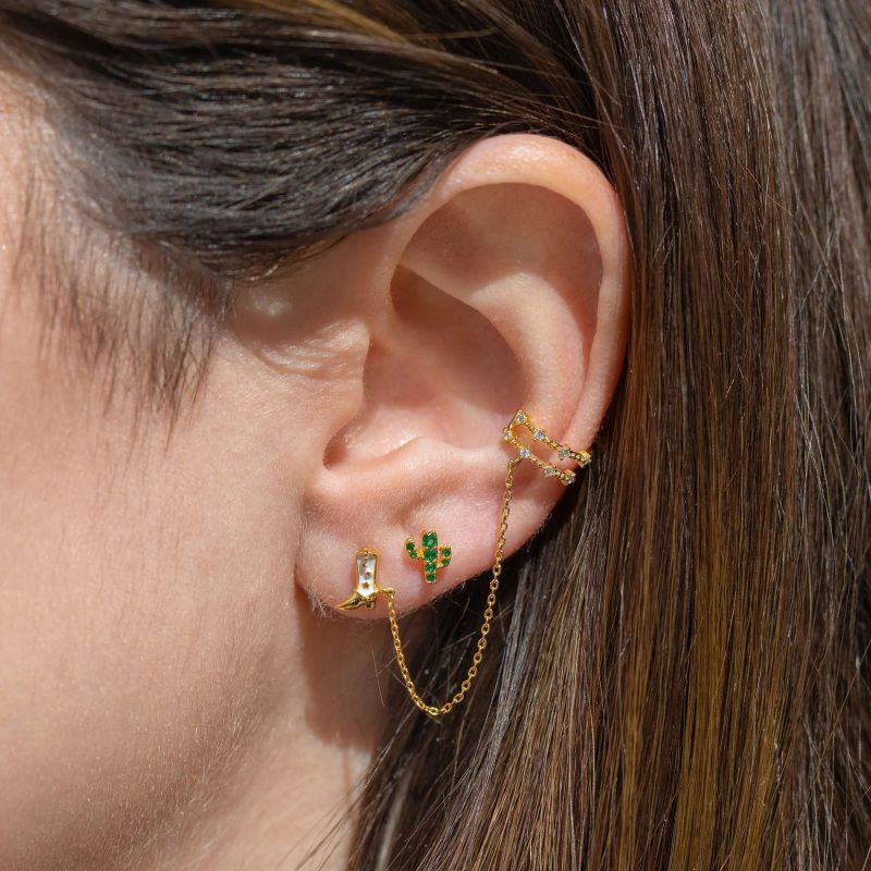 Set Aretes 3pz Doradas Cactus Bota Cadena Chapa de Oro