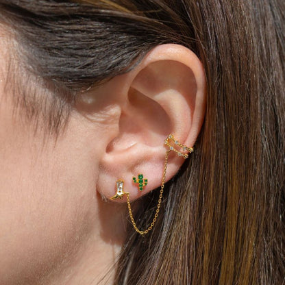 Set Aretes 3pz Doradas Cactus Bota Cadena Chapa de Oro