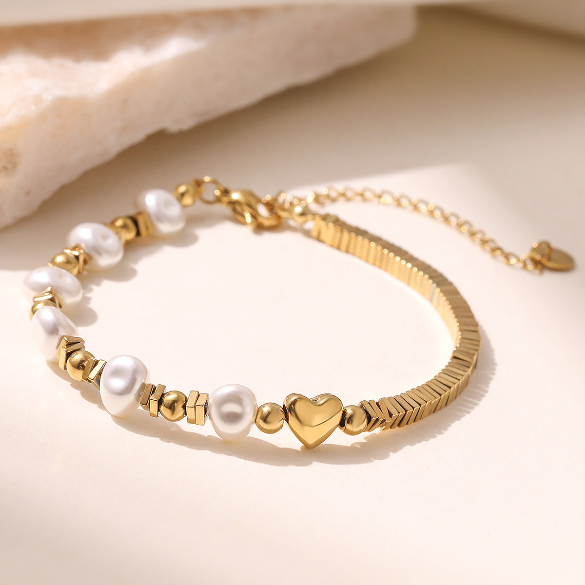 Pulsera  Perlas y Corazón Acero Inoxidable  1Q2
