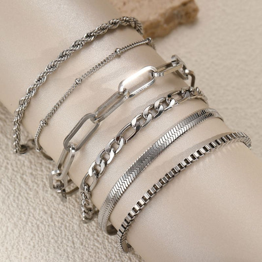 Set 6 Pulseras Cadenas Plateadas Acero Inoxidable 1S7
