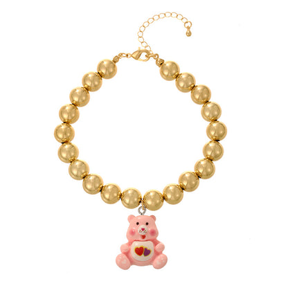 Pulsera Dorada Bolas y Oso Rosa  2Y5