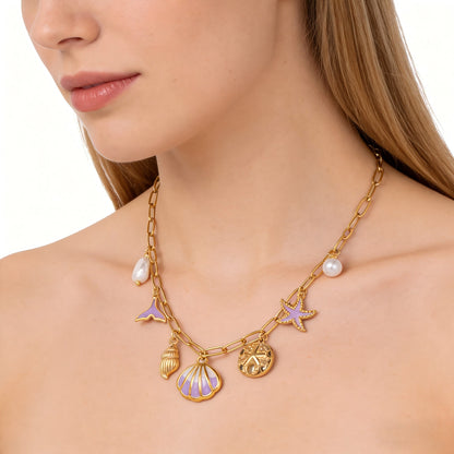 Collar Dorado Charms de Verano Lila Acero Inoxidable C680