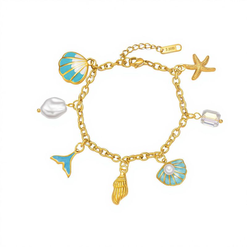 Pulsera Dorada y Azúl Charms Verano  Acero Inoxidable C617