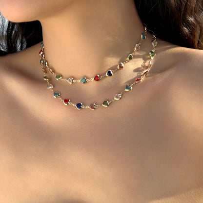 Collar Dorado y Cristales Corazones de Colores   2u8