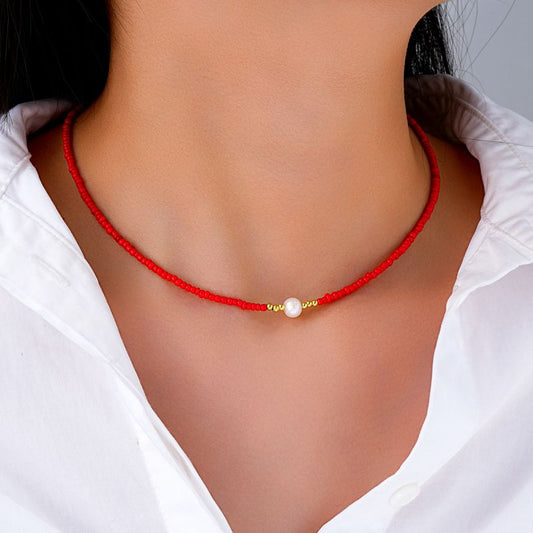 Collar Cuentas Rojas con Perla 1Z5