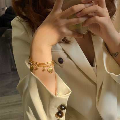 Pulsera Doble Plateada Corazones Acero Inoxidable  1A8