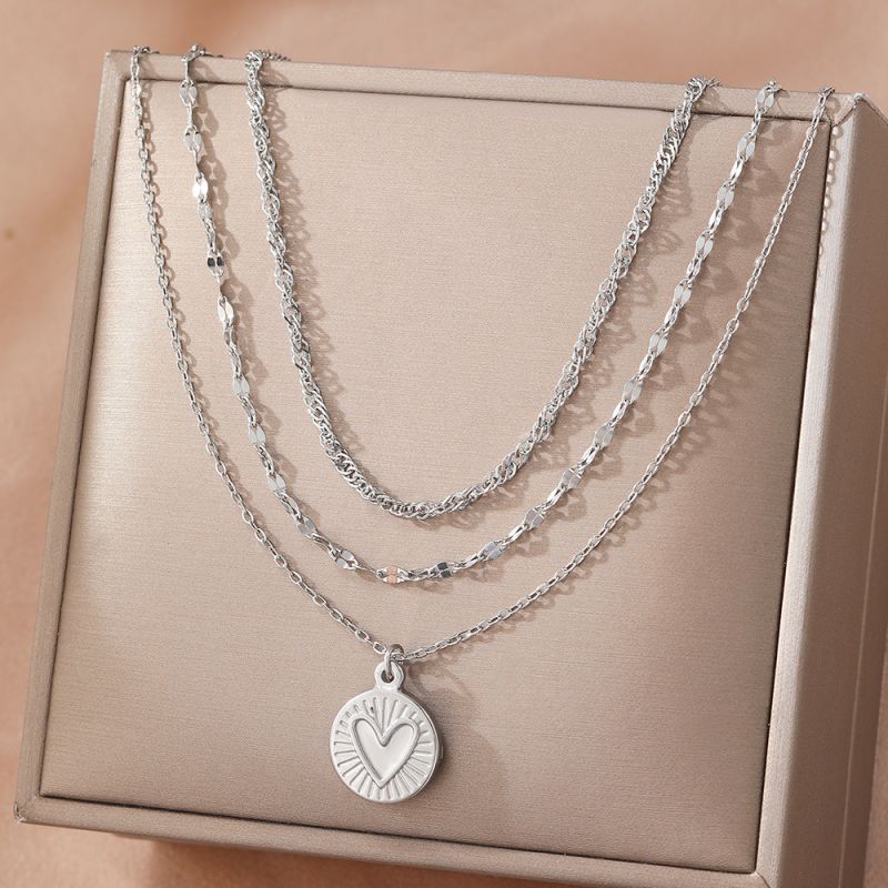 Collar Layer Plateado Corazon Acero Inoxidable 1C4