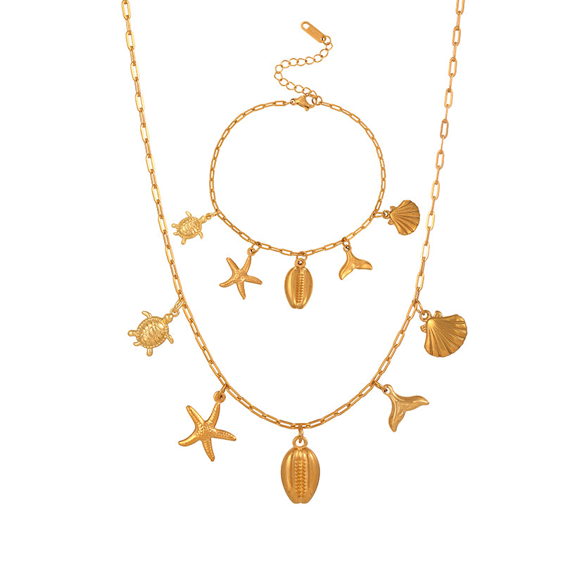 Collar y Pulsera Charms Concha Dorado Acero Inoxidable 1J1