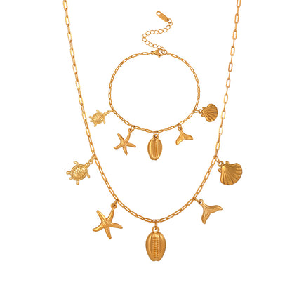 Collar y Pulsera Charms Concha Dorado Acero Inoxidable 1J1