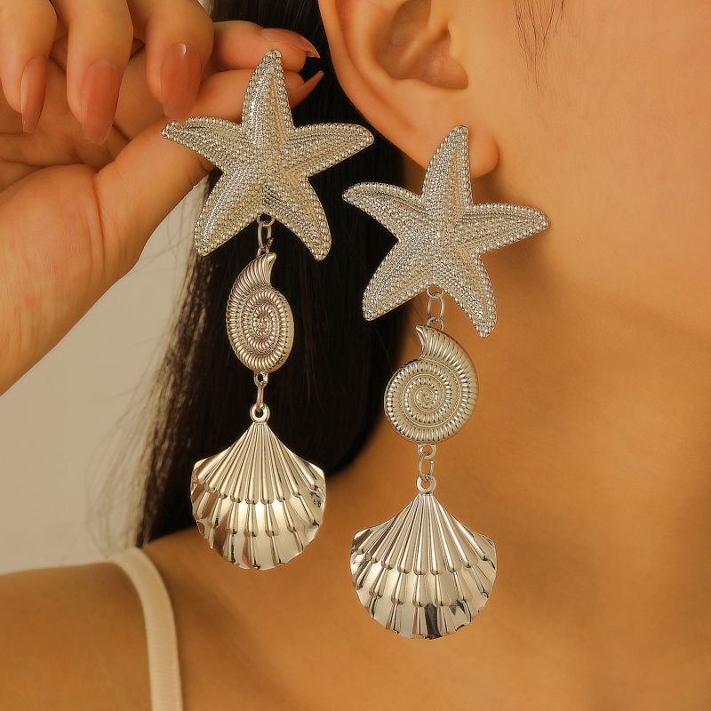 Aretes Plateados Gran Estrella Concha Caracol 2D3