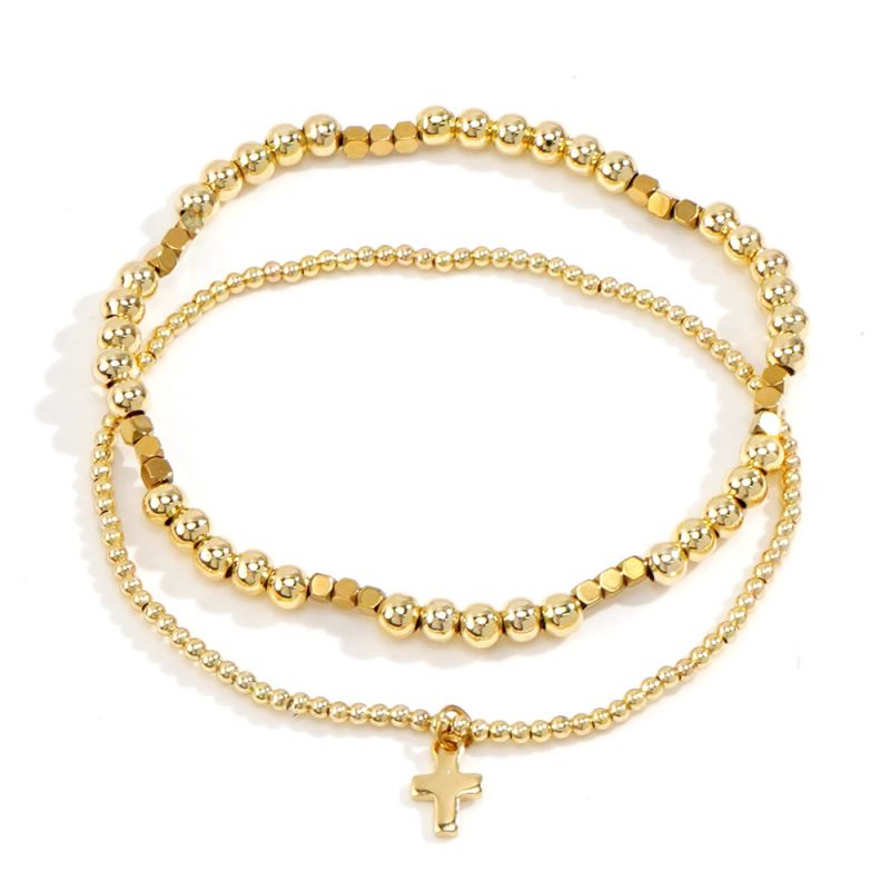 Pulseras Bolitas Doradas y Cruz  2pz 1S6
