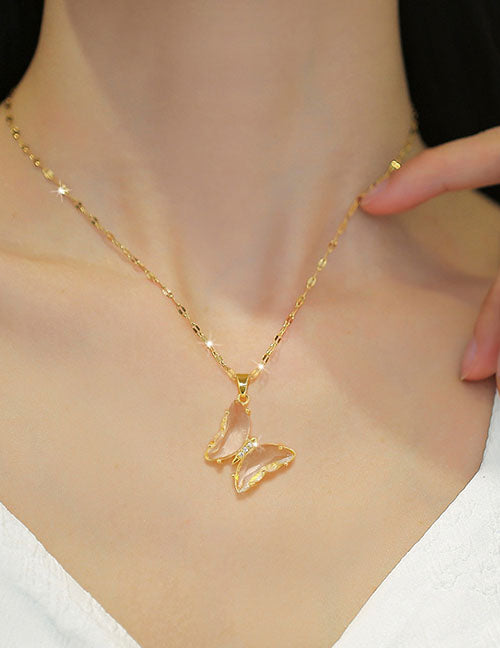 Collar Mariposa de Cristal Acero Inoxidable  1P8