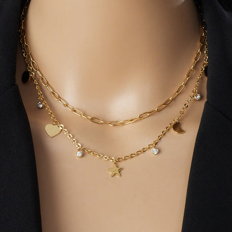 Collar Dorado Layer Estrella Corazon Zirconias Acero Inoxidable