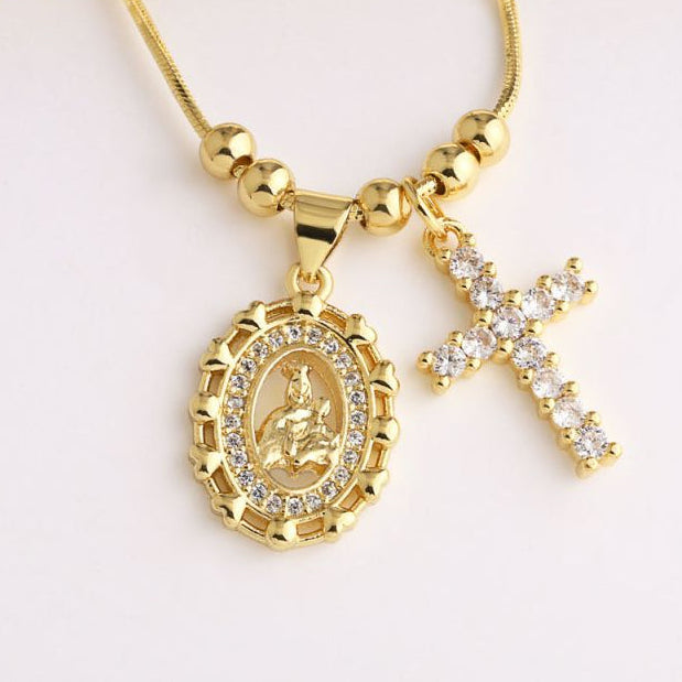 Collar Dorado Cruz y Virgen María Chapa de Oro