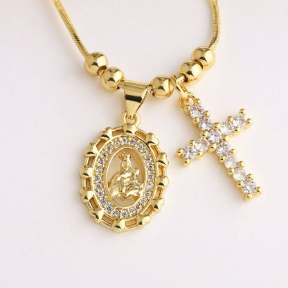 Collar Dorado Cruz y Virgen María Chapa de Oro