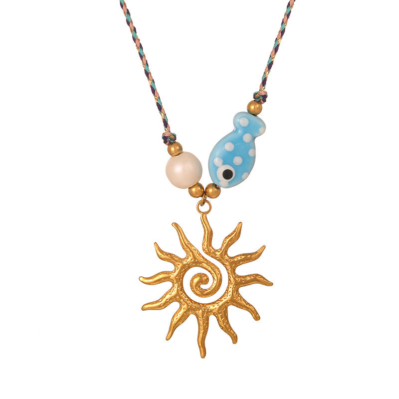 Collar de Hilo Sol Pez Perla Acero Inoxidable 3E2