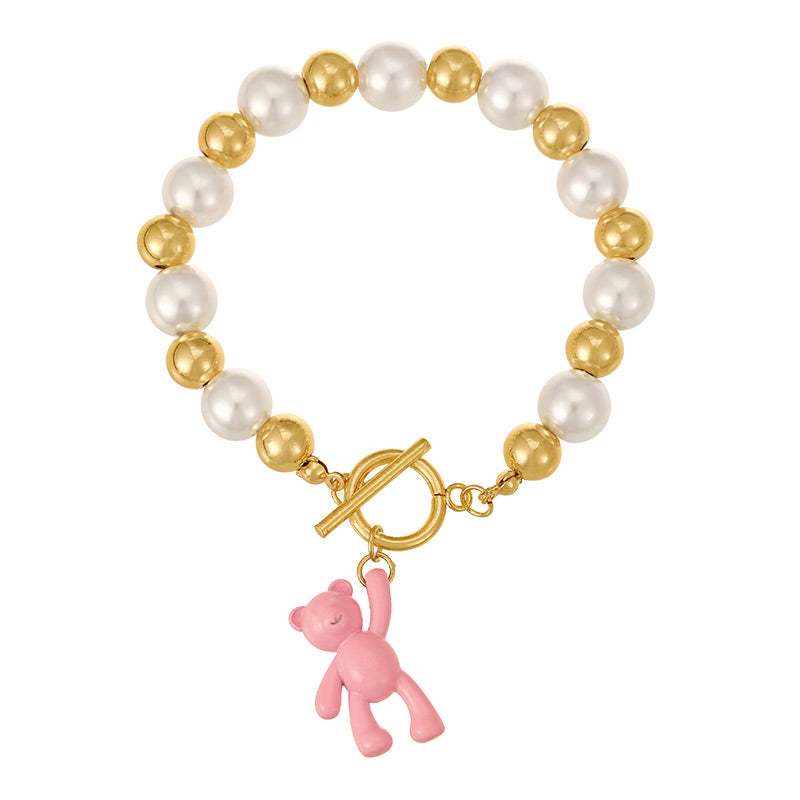 Pulsera Bolas y Perlas Oso Rosa  1XX8
