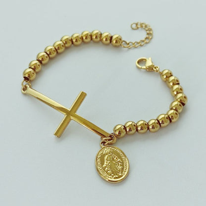 Pulsera Bolitas Cruz y Medalla  Acero Inoxidable  1L6