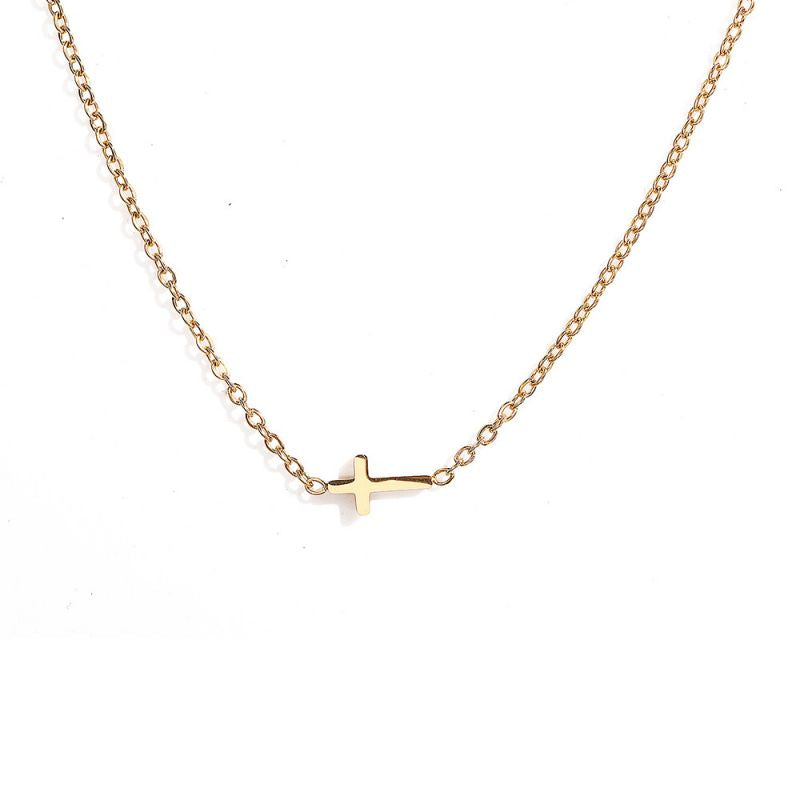 Collar Dorado Cruz Acostada Acero Inoxidable  3B3