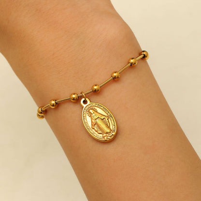 Pulsera Dorada Medalla Milagrosa Acero Inoxidable  2E1