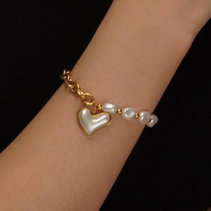Pulsera Dorada Corazon y Perlas Acero Inoxidable