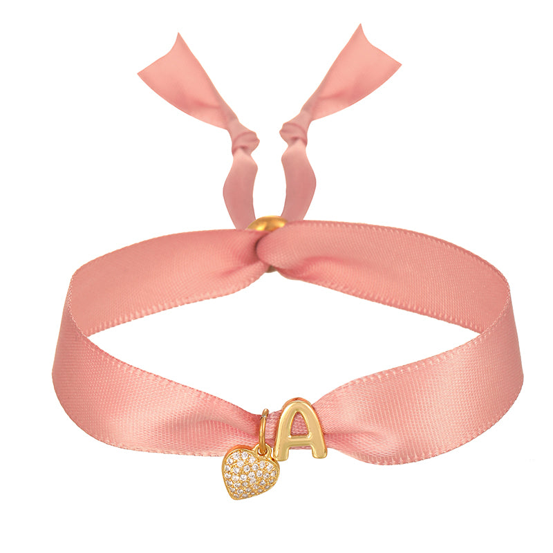 Pulsera Tela Rosa Inicial A y Corazón Brillante 2H1