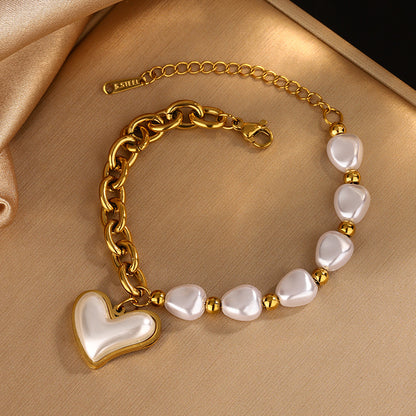 Pulsera Dorada Corazon y Perlas Acero Inoxidable