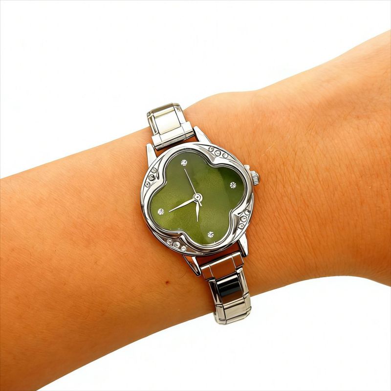Reloj Plateado Olivo Zirconia Trebol  Acero Inoxidable Ve3