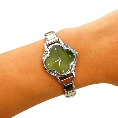 Reloj Plateado Olivo Zirconia Trebol  Acero Inoxidable Ve3