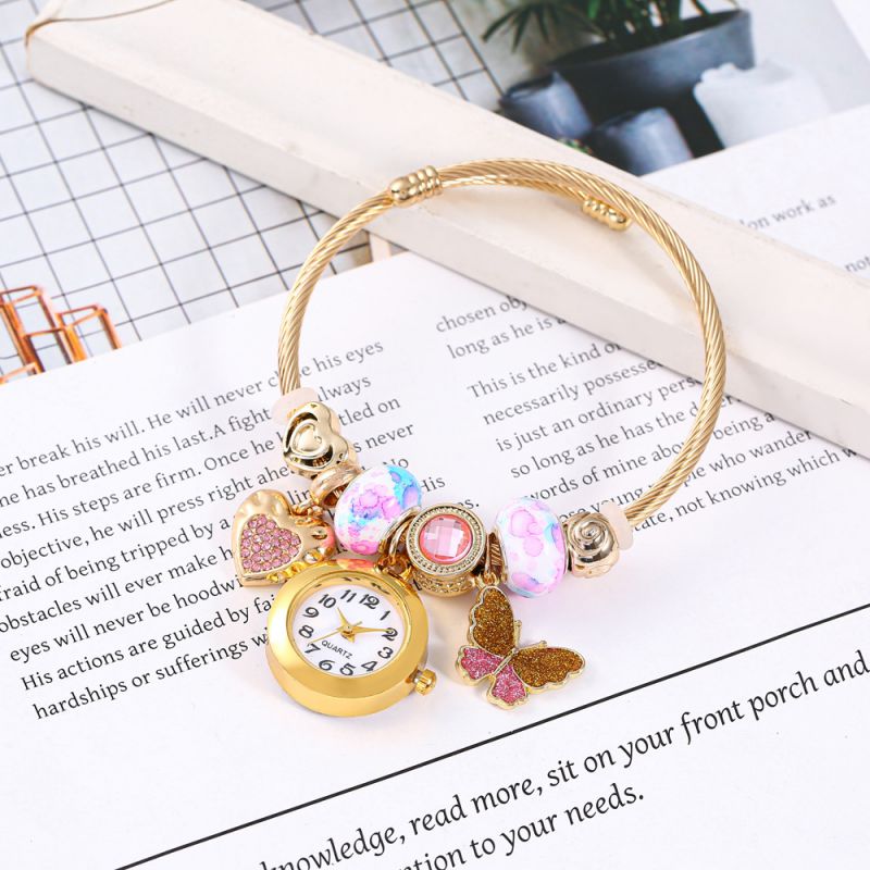 Reloj Pulsera Dorada Charms Rosa Acero Inoxidable Li1