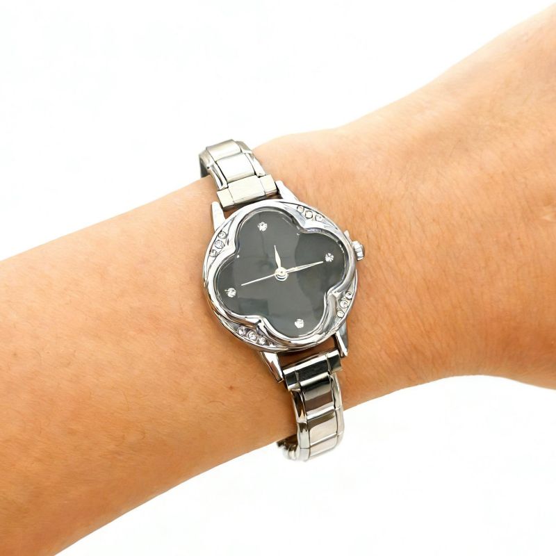 Reloj Plateado Zirconia Trebol  Acero Inoxidable R5