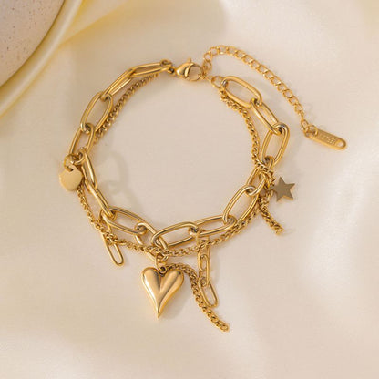 Pulsera Dorada Doble Charms Corazón Acero Inoxidable 2S4