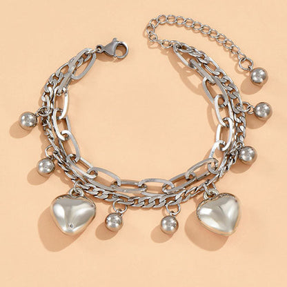 Pulsera Plateada Doble Charms Corazón Acero de Titanio 1R7