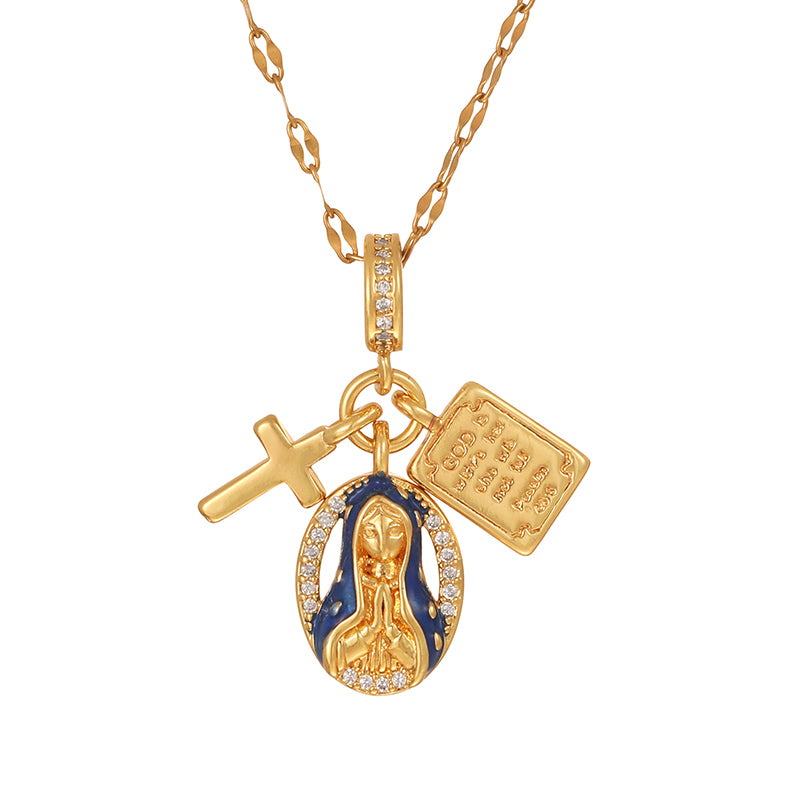 Collar Dorado Virgen Medalla Cruz  Acero de Titanio 3H4