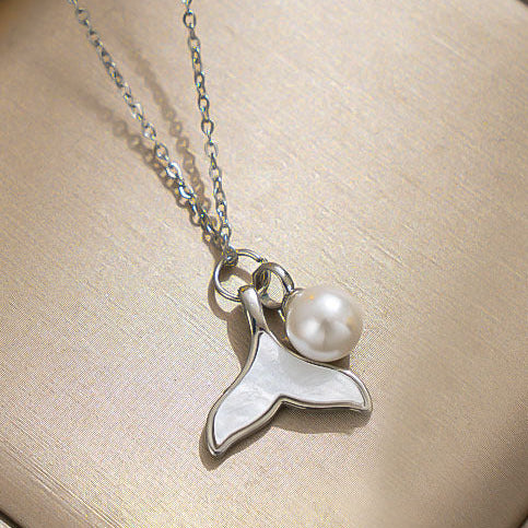 Collar Plateado Sirena y Pewrla Acero de Titanio 1F5