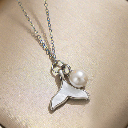 Collar Plateado Sirena y Pewrla Acero de Titanio 1F5